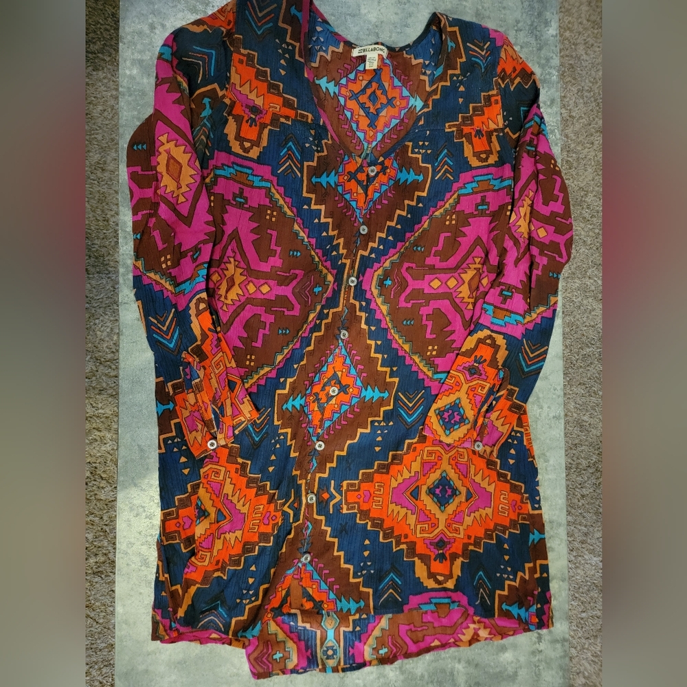 Billabong Shift Dress women's size Small red Aztec print button front surfer
